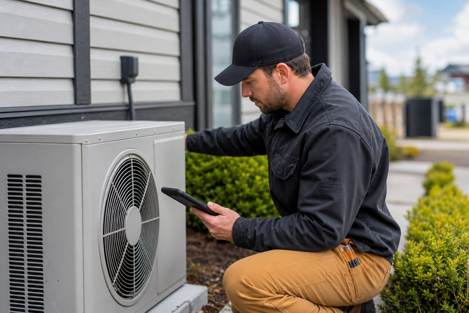 HVAC technician checking an air conditioner in Grande Prairie