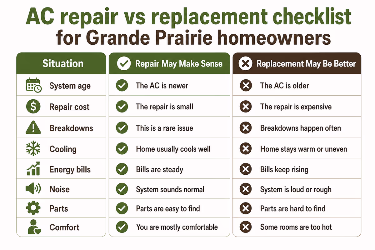 AC repair vs replacement checklist for Grande Prairie homeowners