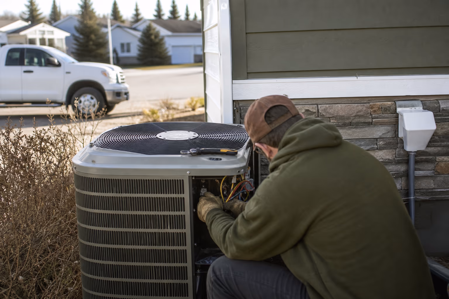 HVAC technician checking an air conditioner outside a Grande Prairie home