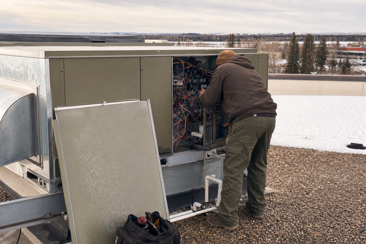 Commercial rooftop HVAC unit on a Grande Prairie business