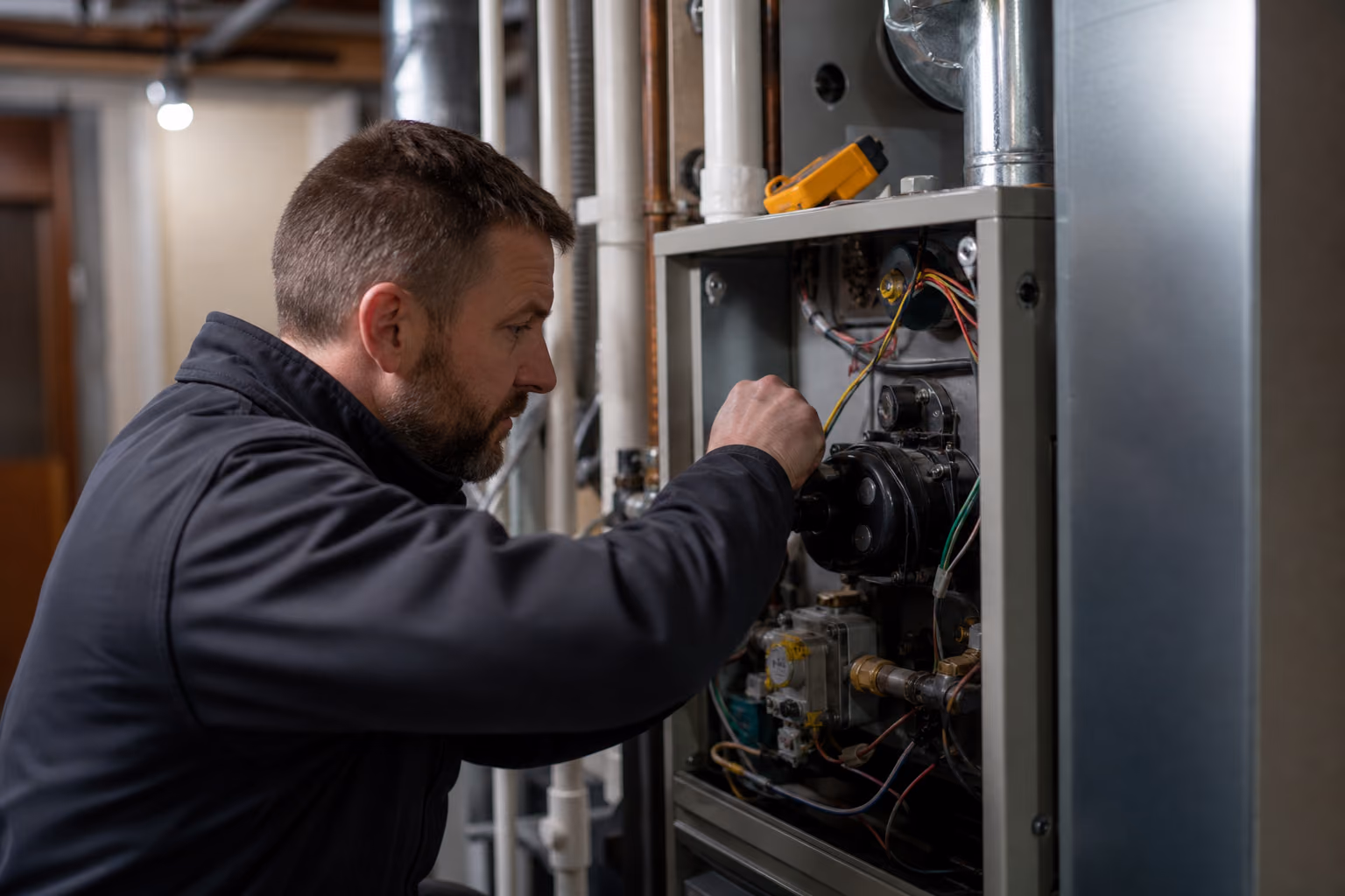 HVAC technician responding to an emergency furnace repair call in Grande Prairie