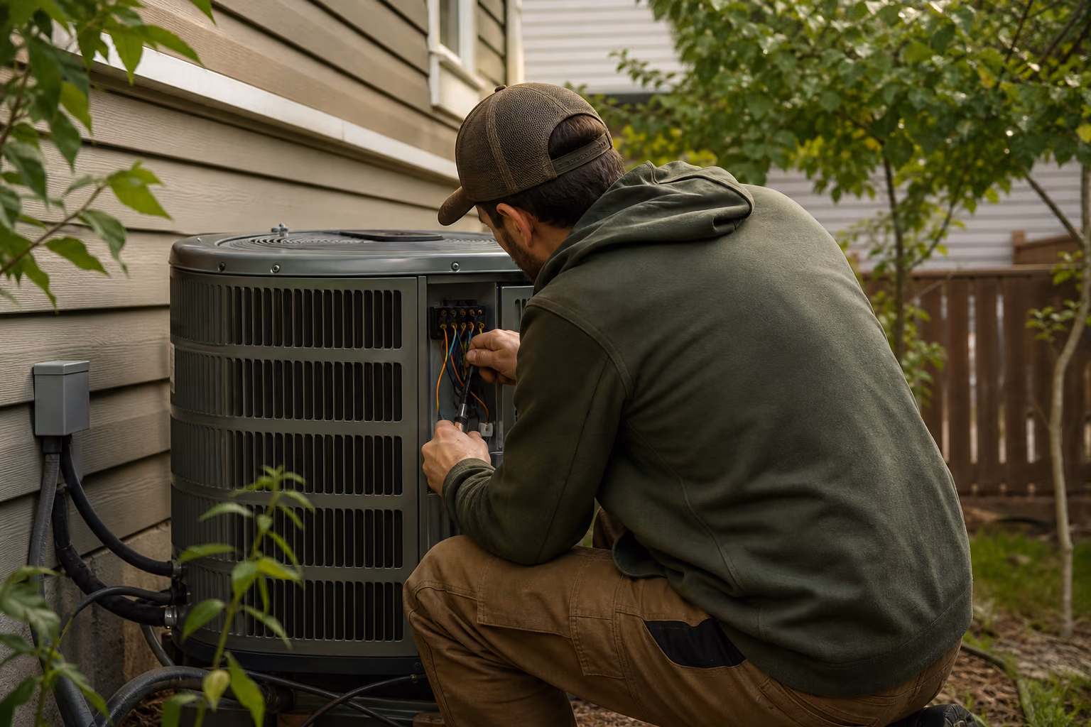 Homeowner checking an air conditioner at the end of summer in Grande Prairie