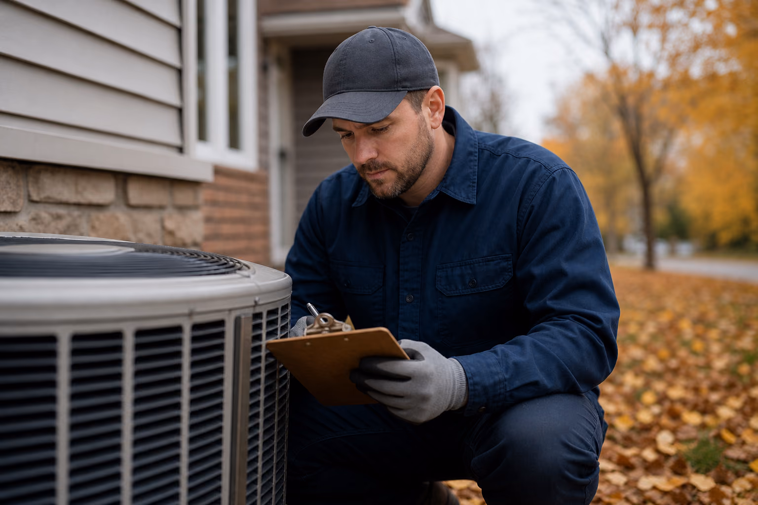 Homeowner checking a thermostat during fall HVAC maintenance in Grande Prairie