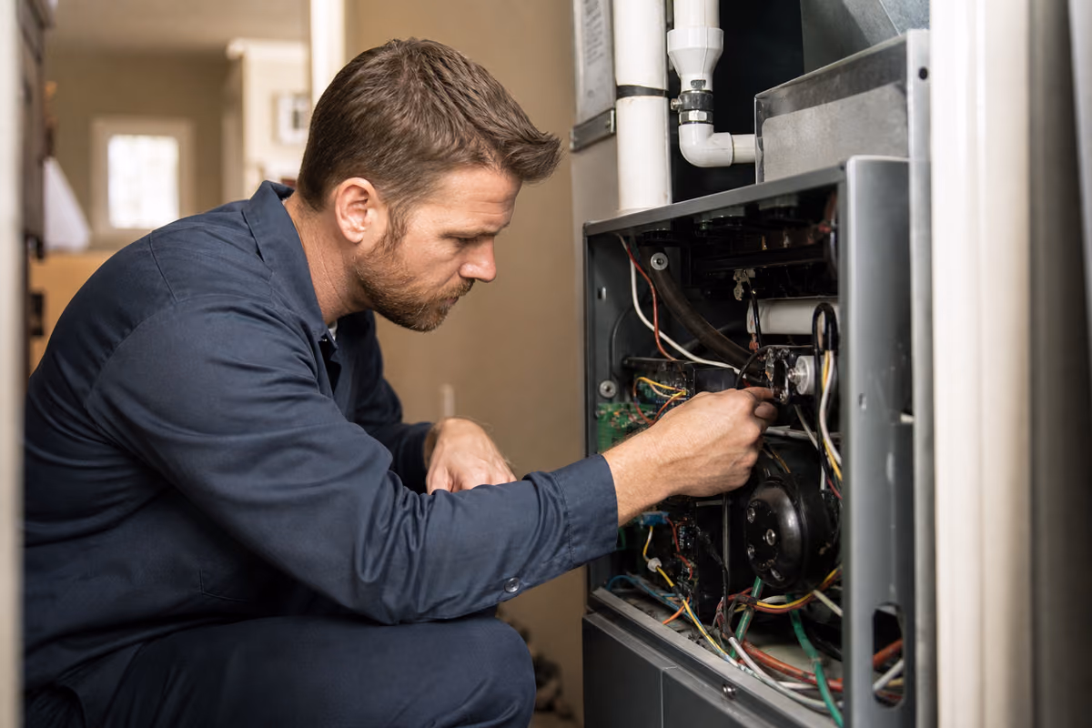 HVAC technician performing furnace maintenance in a Grande Prairie home