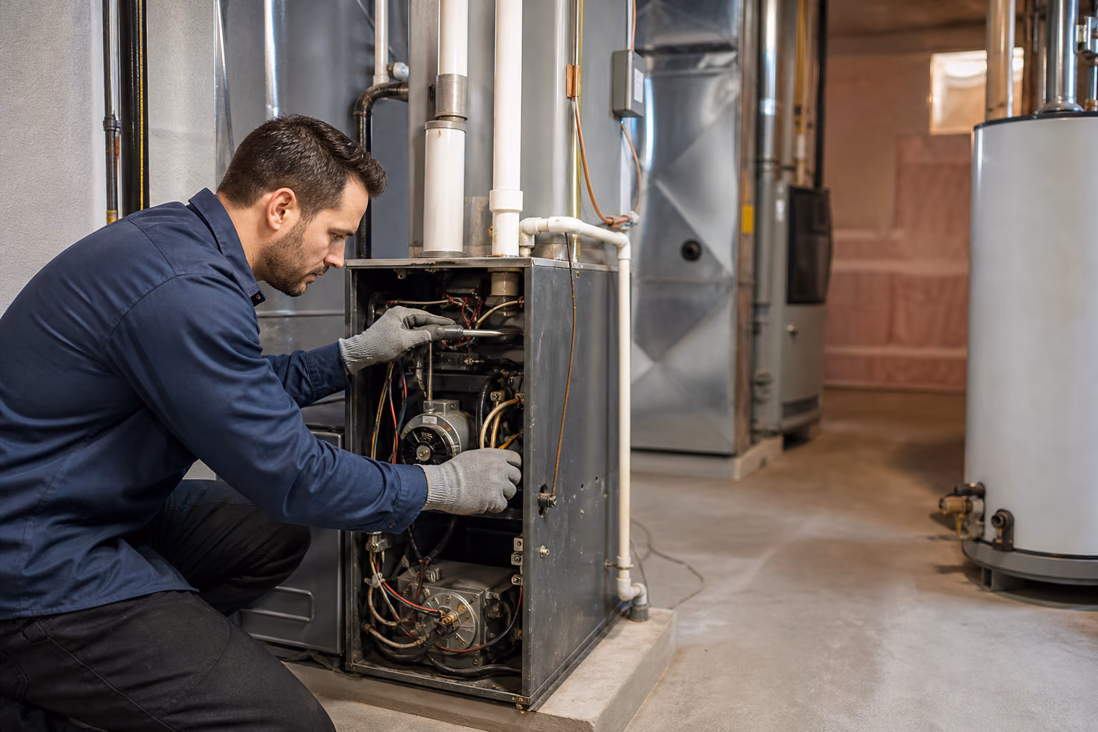 HVAC technician checking a furnace in a Grande Prairie home