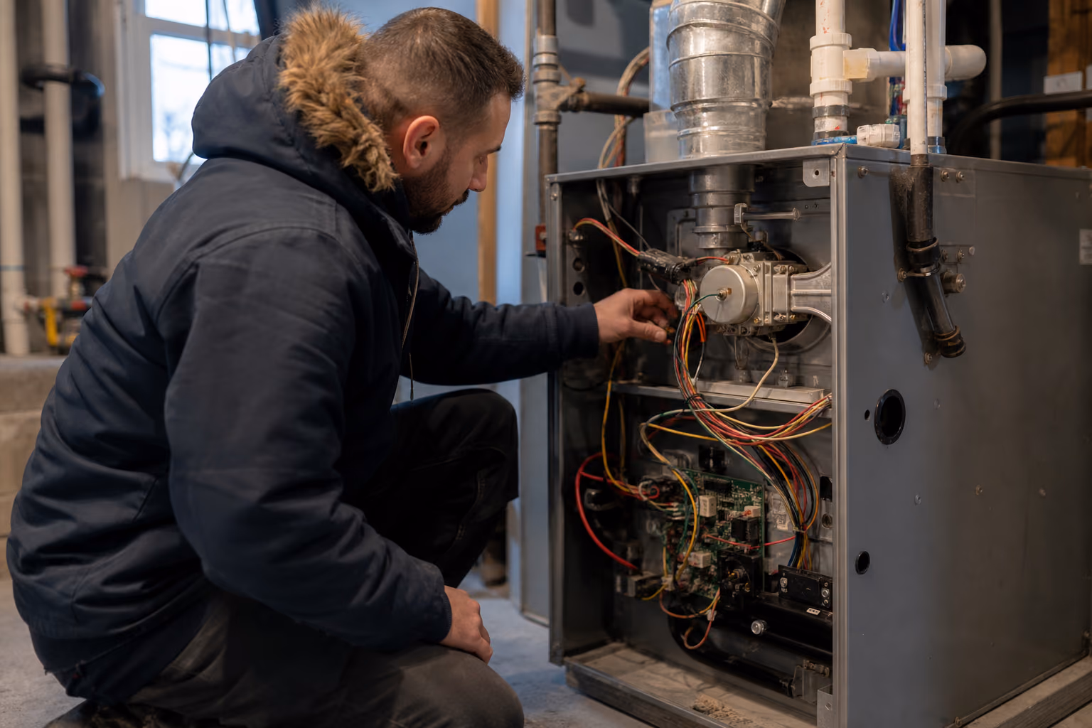 Furnace running during cold winter weather in Grande Prairie