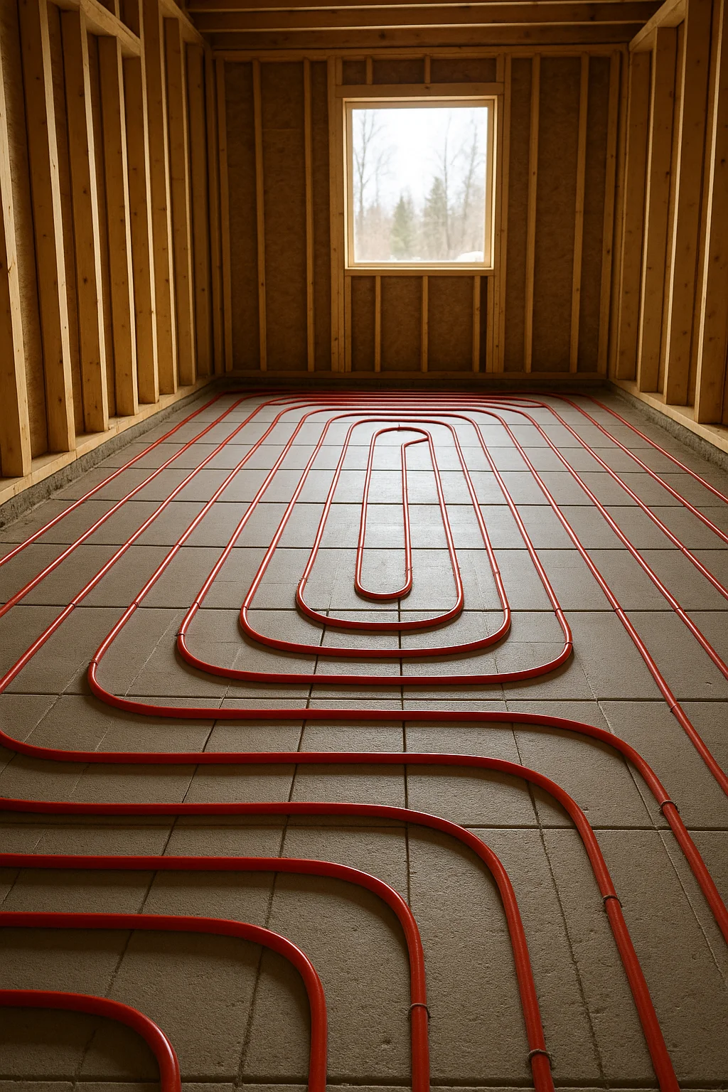 In-floor heating installation in Grande Prairie with PEX tubing laid over insulation before the concrete pour