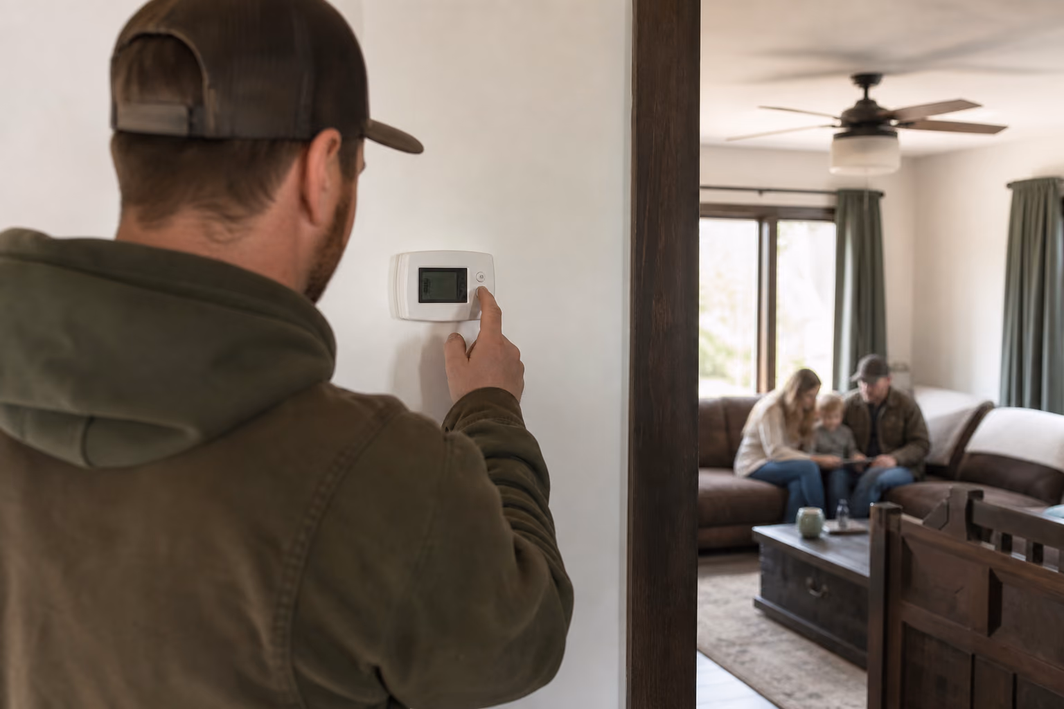 Homeowner adjusting thermostat to lower AC costs in Grande Prairie