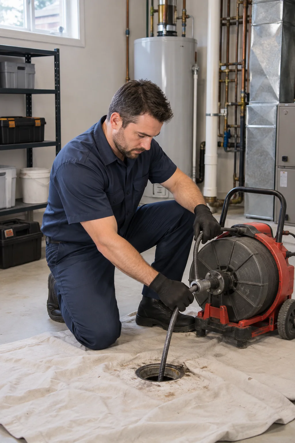 Plumber cleaning a clogged drain in a Grande Prairie home