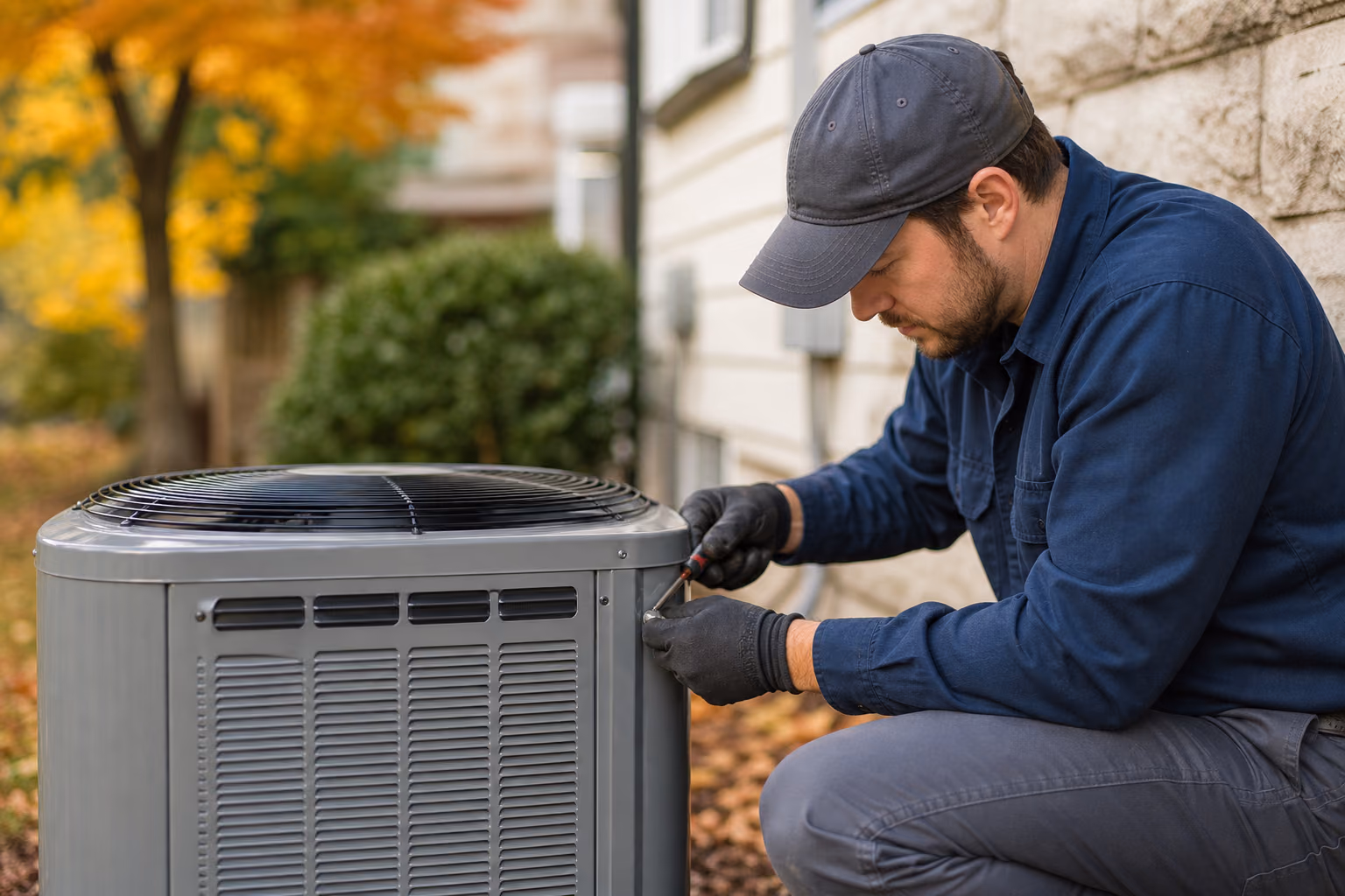 Homeowner checking an air conditioner before fall in Grande Prairie