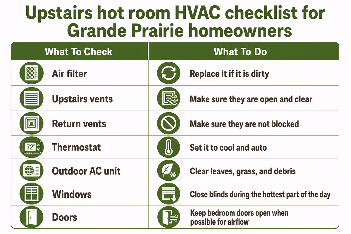 Upstairs hot room HVAC checklist for Grande Prairie homeowners